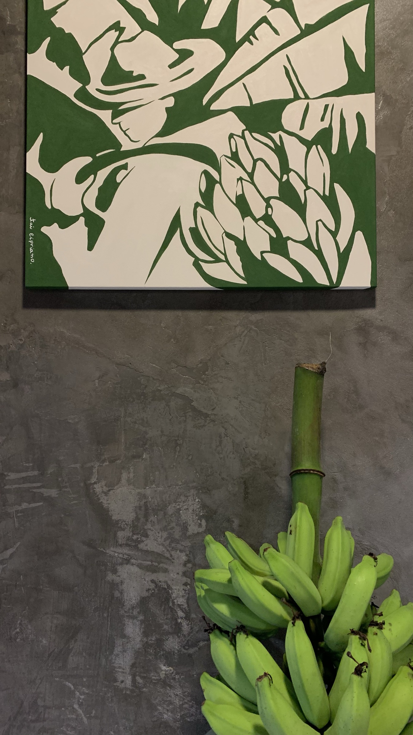 Detalhe do quadro de folhas verdes e do cacho de bananas