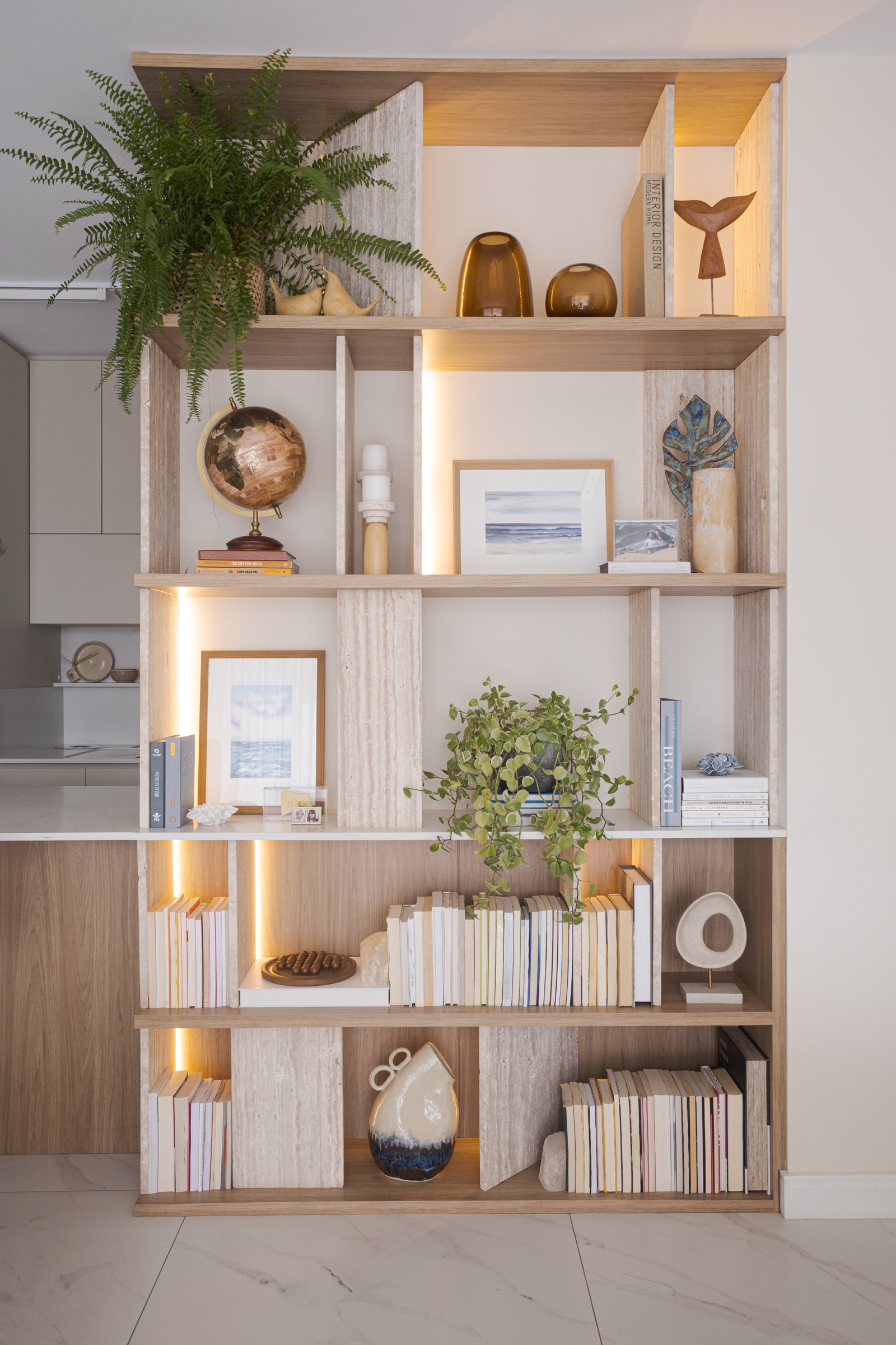 Estante de madeira com livros, plantas, vasos e objetos