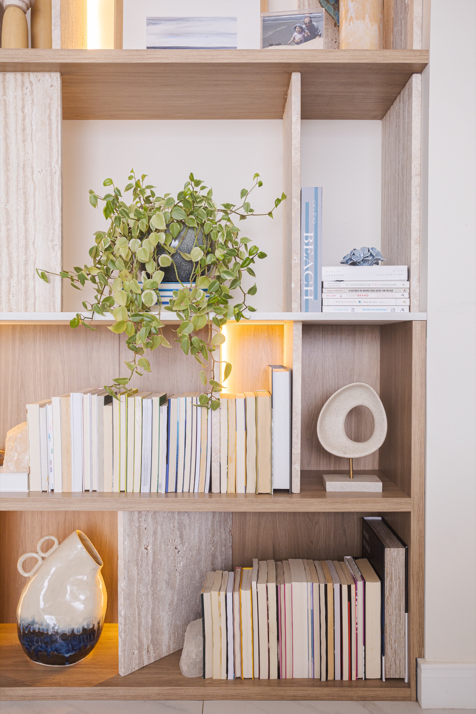 Detalhe da estante com livros, planta pendente e peças de cerâmica